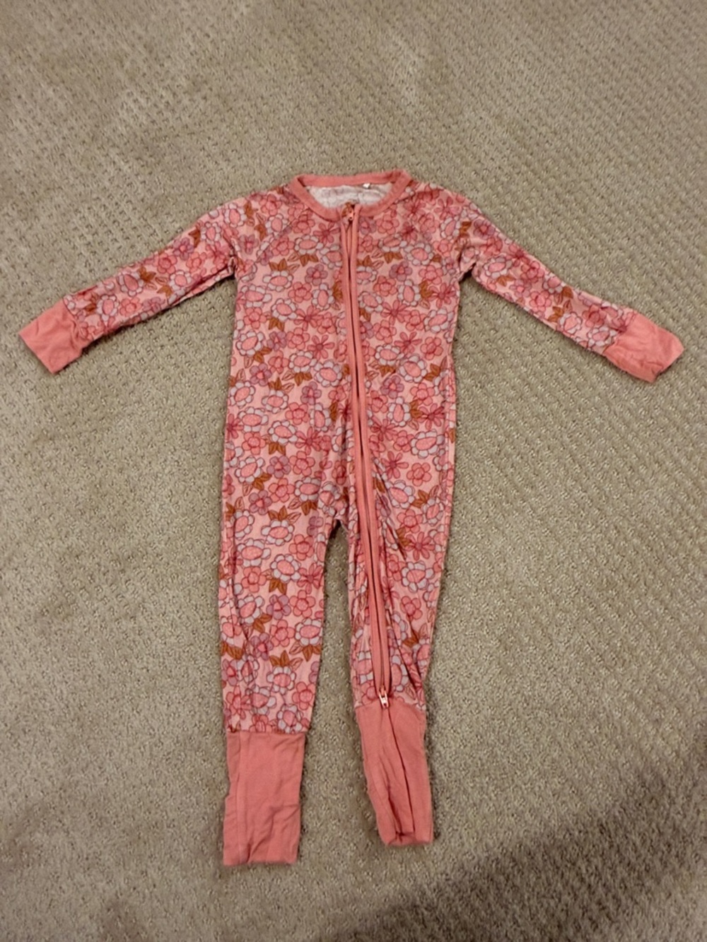 Girls Pink Floral Footed One-Piece Zipper Pajama